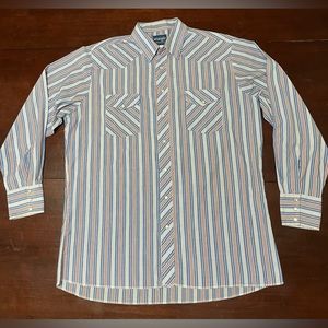 MENS VINTAGE WRANGLER BLUE, RED & WHITE STRIPED PEARL SNAP WESTERN SHIRT XL
